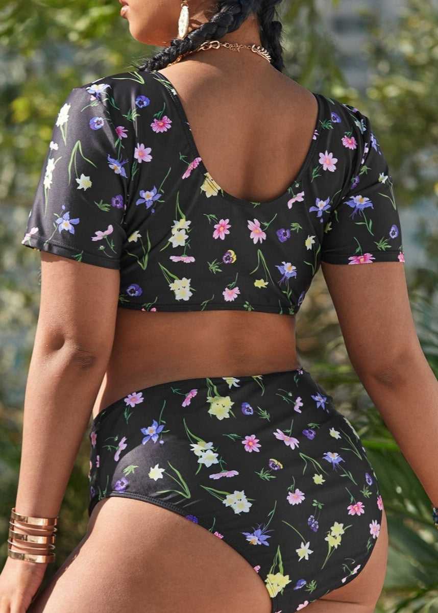 Conjunto de bikini de talle alto con estampado floral y top corto