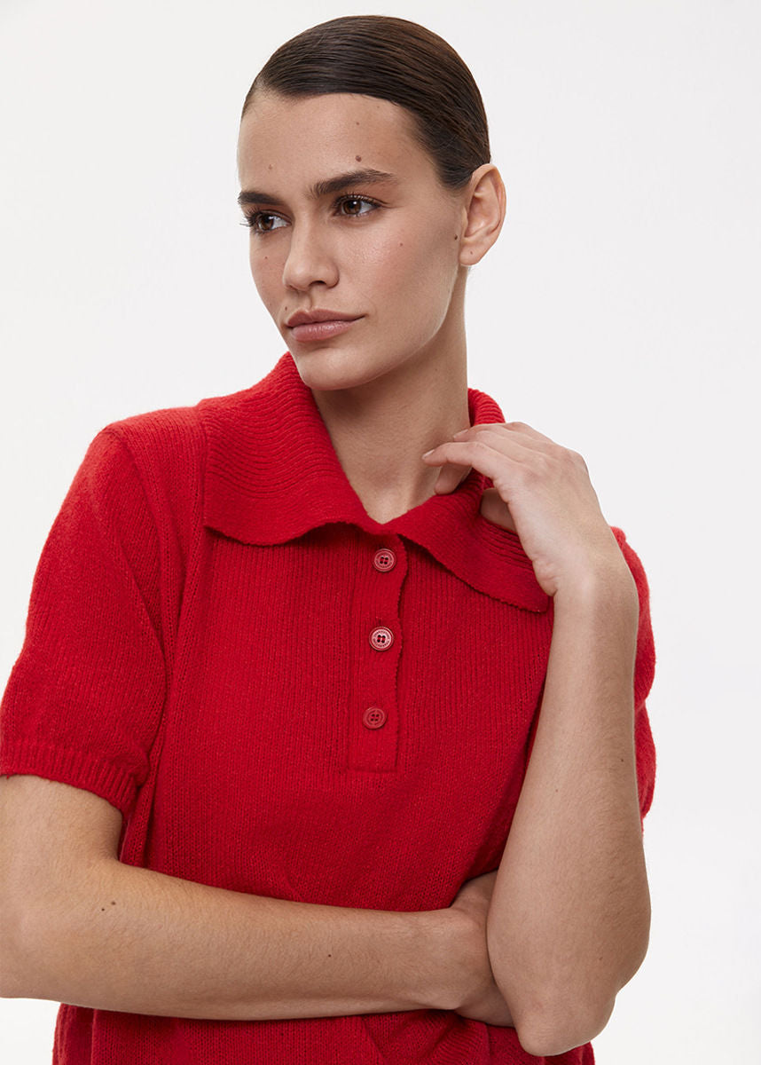 Camisa Polo de Punto Riviera – Top de Botones de Manga Corta en Rojo Intenso