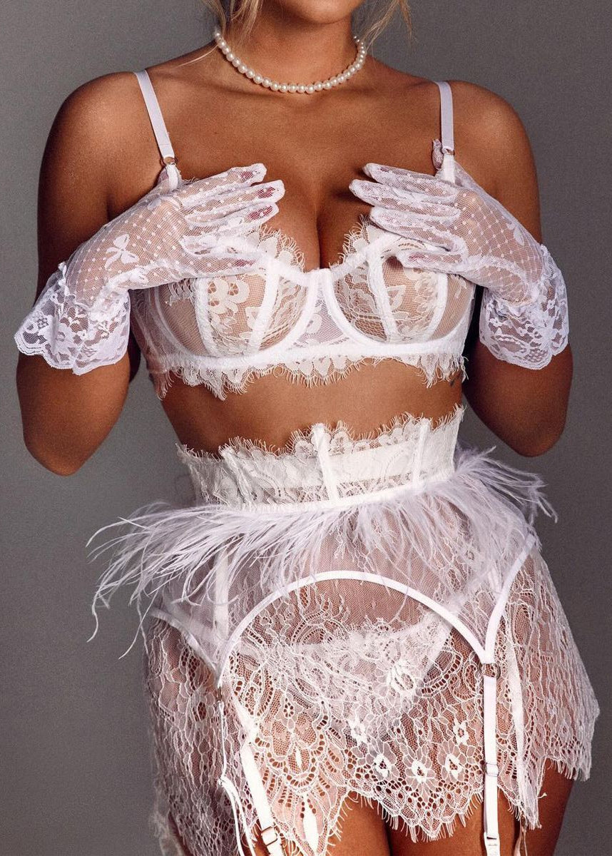 Feather Lace Lingerie Set with Gloves – White Bridal 3-Piece