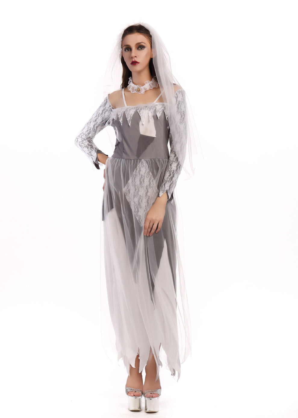 Costume da sposa fantasma - Abito da matrimonio infestato per donna con velo per Halloween