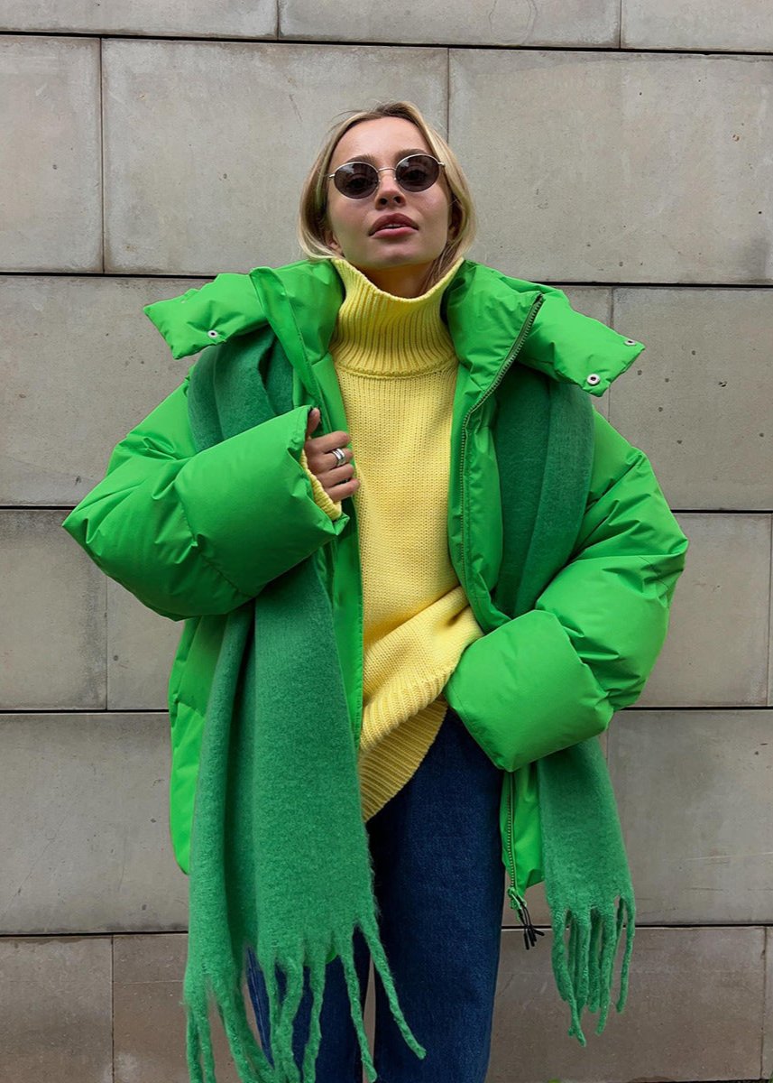 Winter Neon Groene Gewatteerde Jas met Kap
