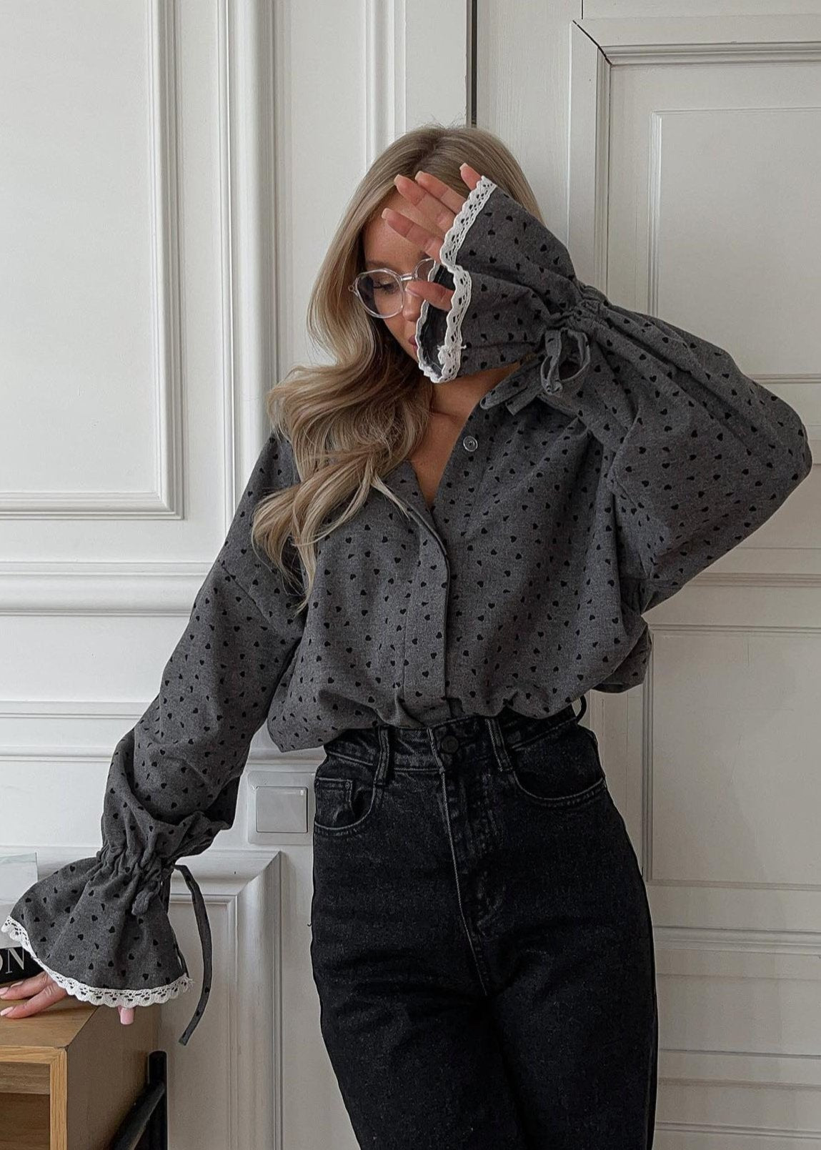 Romantische Hartprint Kanten Manchet Shirt