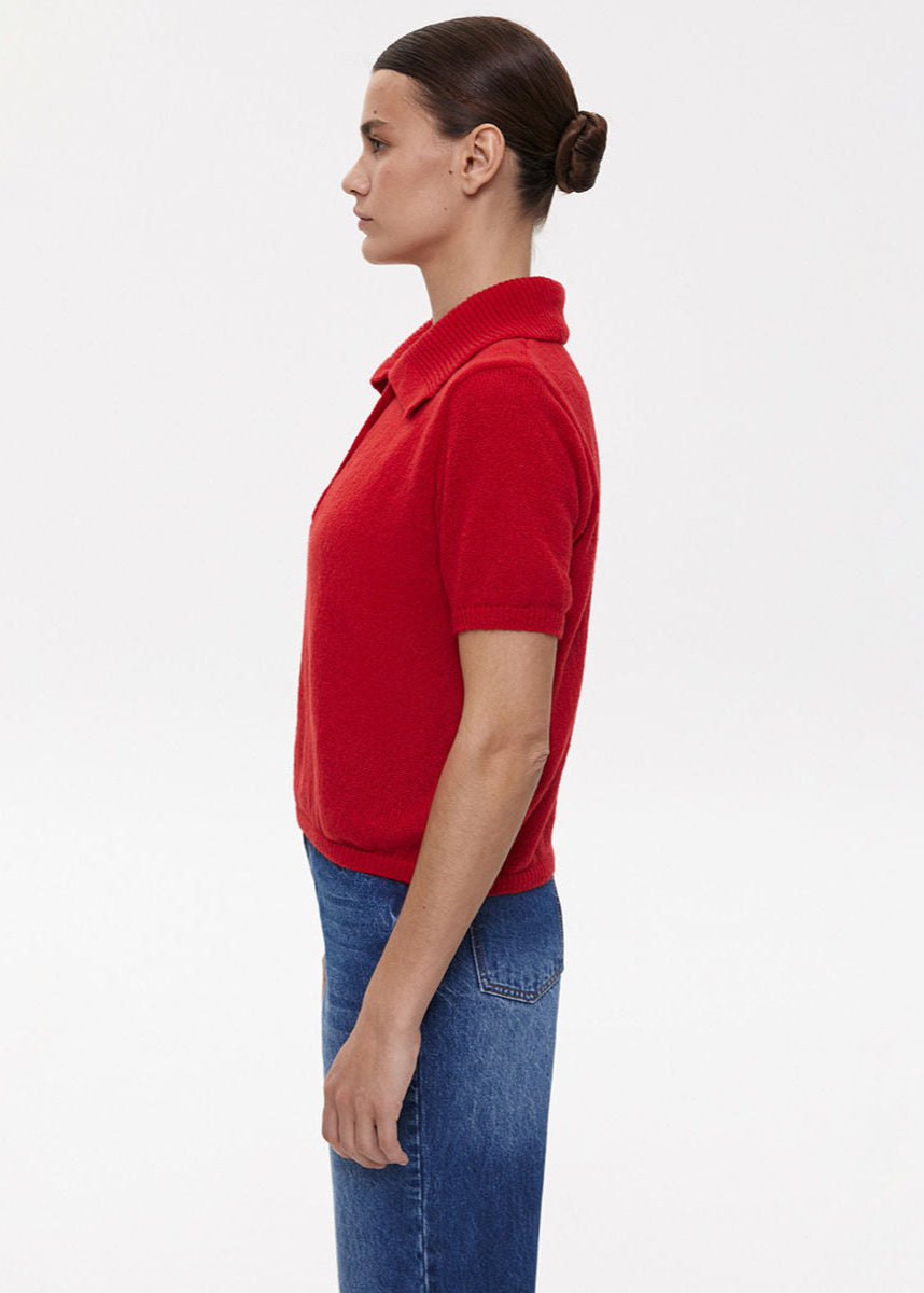Camisa Polo de Punto Riviera – Top de Botones de Manga Corta en Rojo Intenso