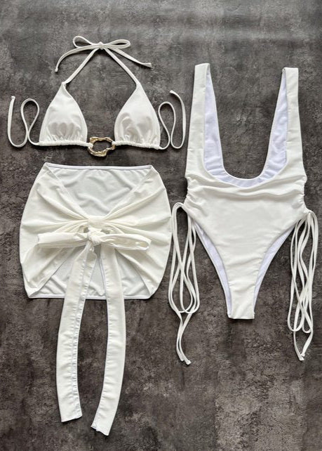 White Sands - Conjunto de traje de baño 3 en 1 con falda envolvente recortada