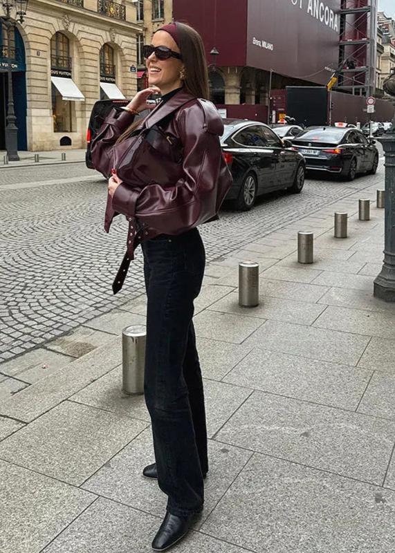 Chaqueta de cuero sintético con solapa sobredimensionada