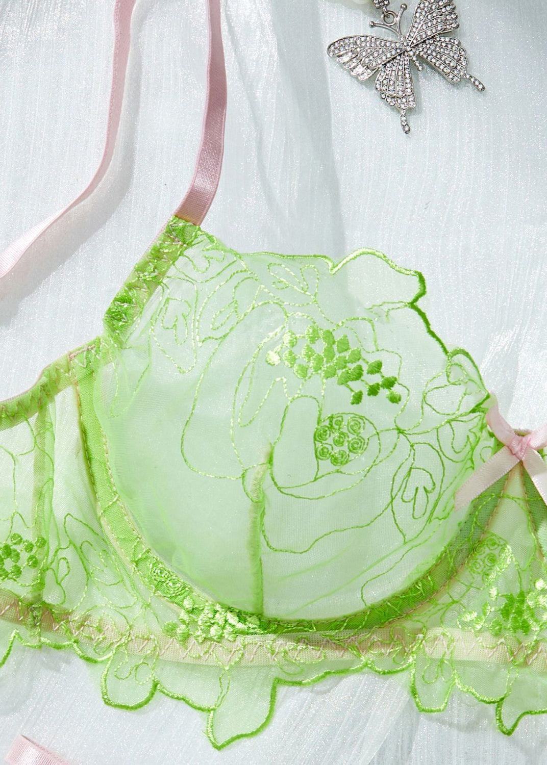 Lime Blossom - Sheer Embroidered Lingerie Set