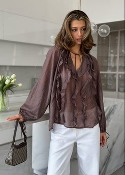Hazel Whisper - Sheer Ruffle Tie Blouse