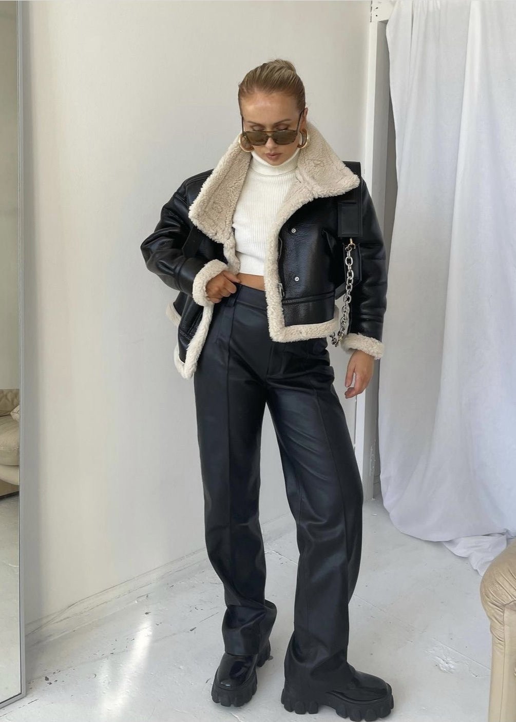Veste en simili cuir doublée en shearling - Style audacieux rencontre confort douillet