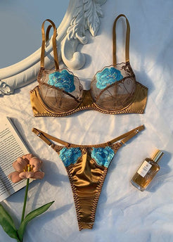 Golden Bloom - Satin Embroidered Lingerie Set