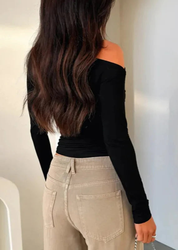 Slim-Fit Lange Mouwen Effen Zwarte Top