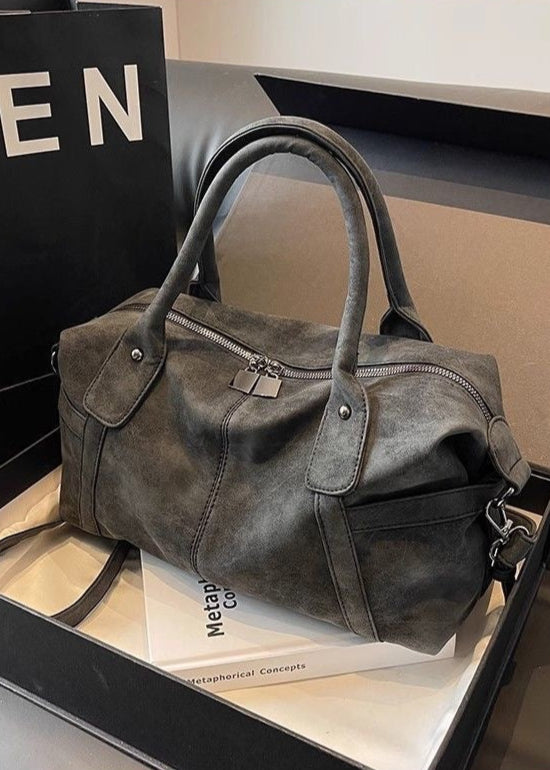 Faux Suede Shoulder Bag – Medium Tote with Top Handles and Crossbody Strap