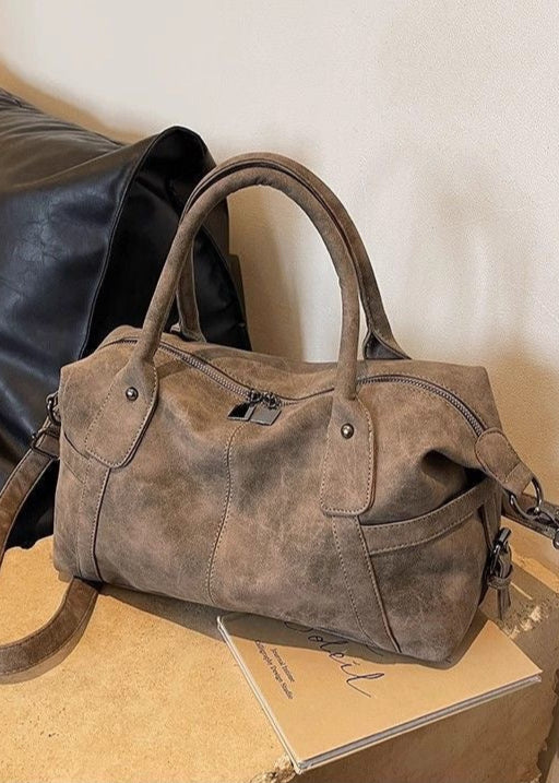 Faux Suede Shoulder Bag – Medium Tote with Top Handles and Crossbody Strap