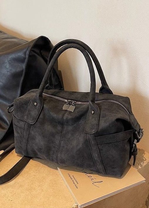 Faux Suede Shoulder Bag – Medium Tote with Top Handles and Crossbody Strap