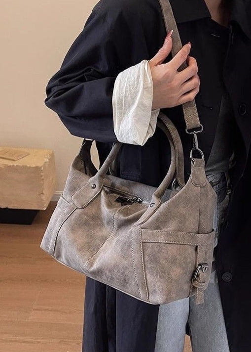 Faux Suede Shoulder Bag – Medium Tote with Top Handles and Crossbody Strap