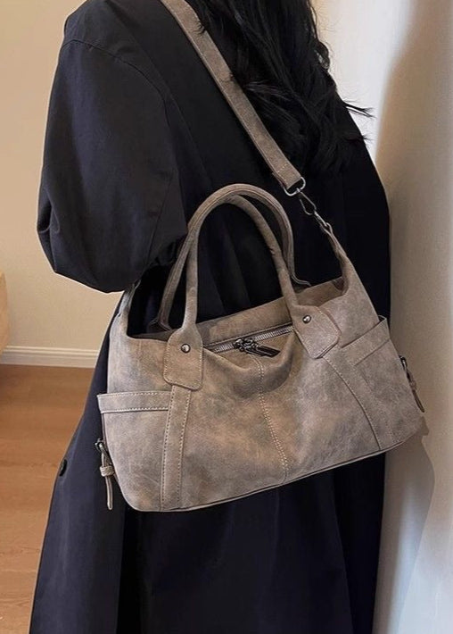 Faux Suede Shoulder Bag – Medium Tote with Top Handles and Crossbody Strap