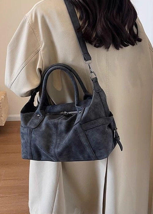 Faux Suede Shoulder Bag – Medium Tote with Top Handles and Crossbody Strap