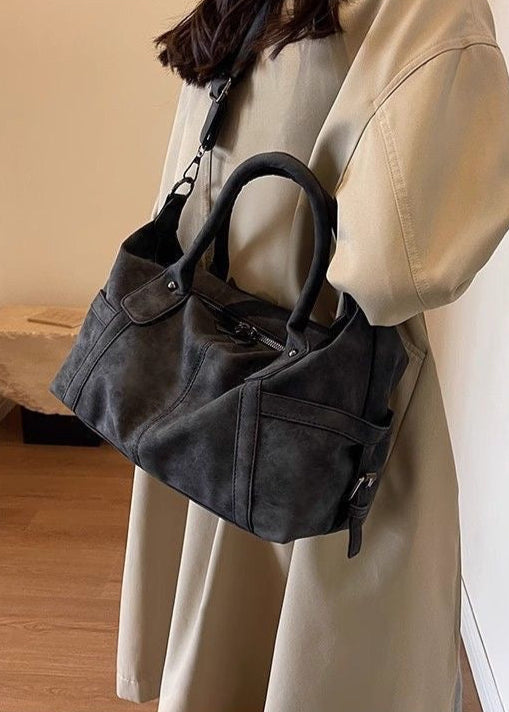 Faux Suede Shoulder Bag – Medium Tote with Top Handles and Crossbody Strap