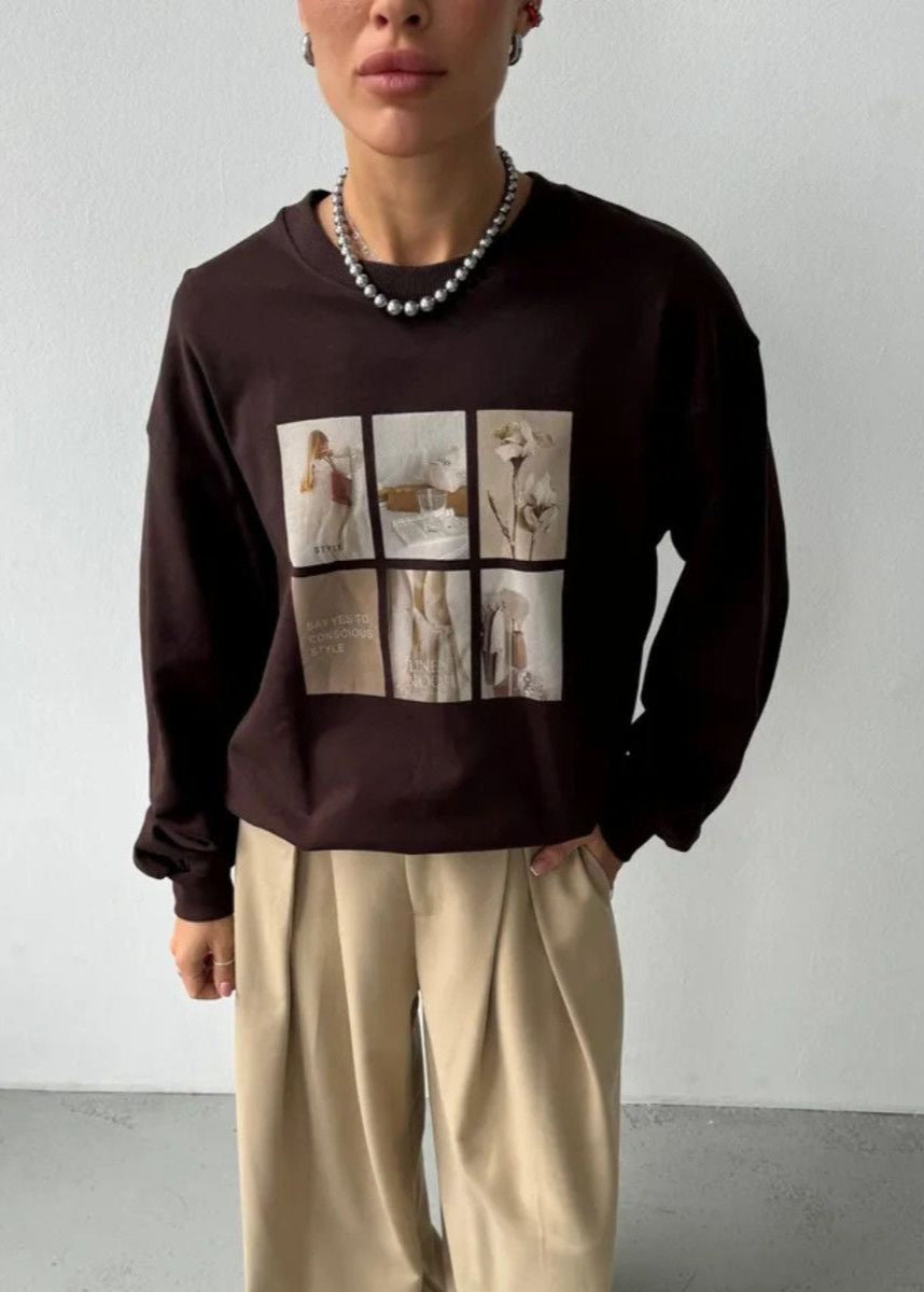 Sudadera de manga larga con estampado gráfico – Suéter holgado de ajuste relajado