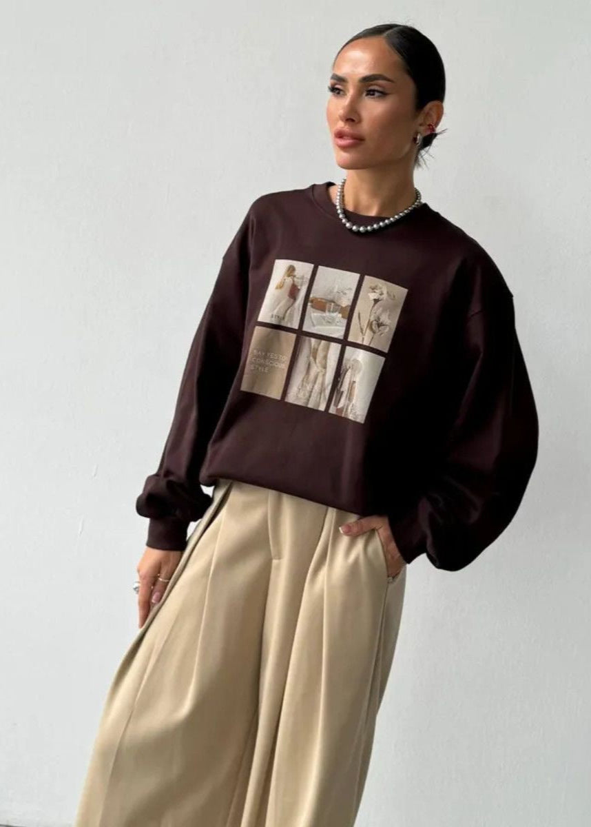 Sudadera de manga larga con estampado gráfico – Suéter holgado de ajuste relajado