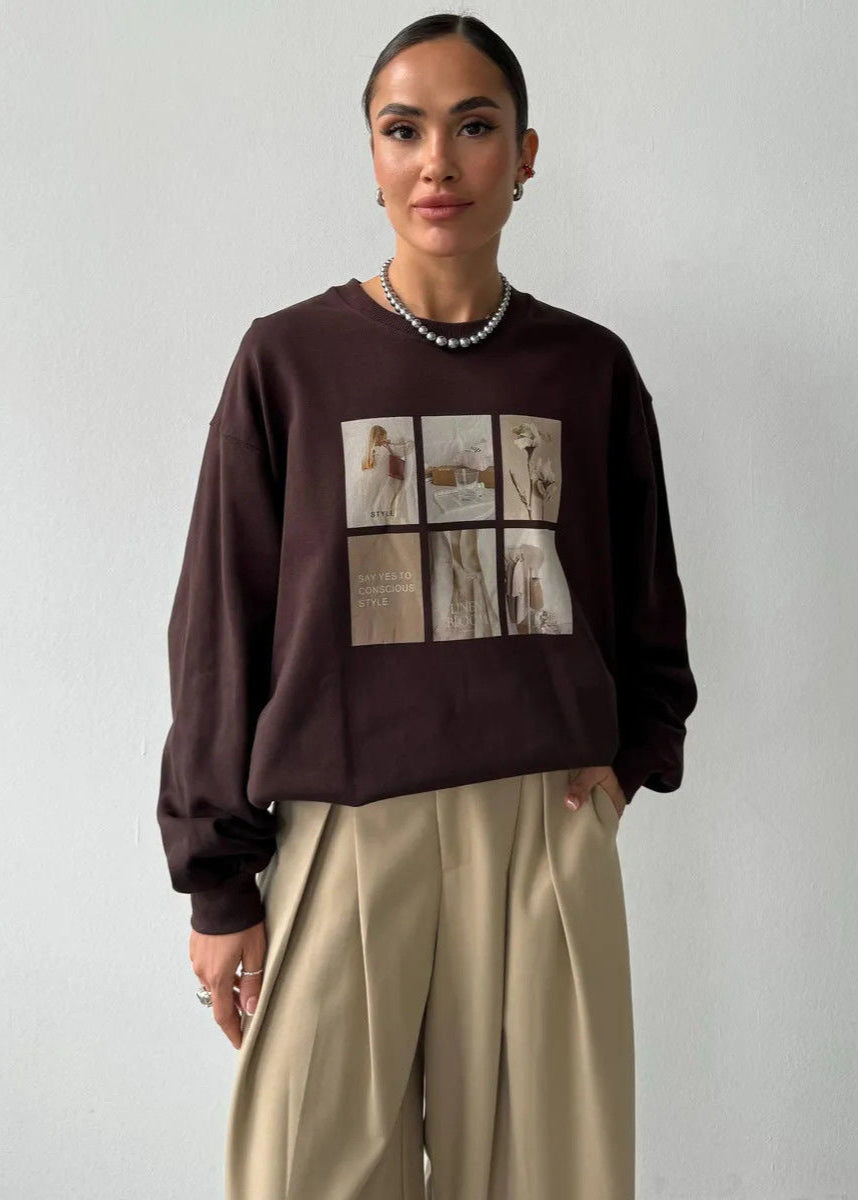 Sudadera de manga larga con estampado gráfico – Suéter holgado de ajuste relajado