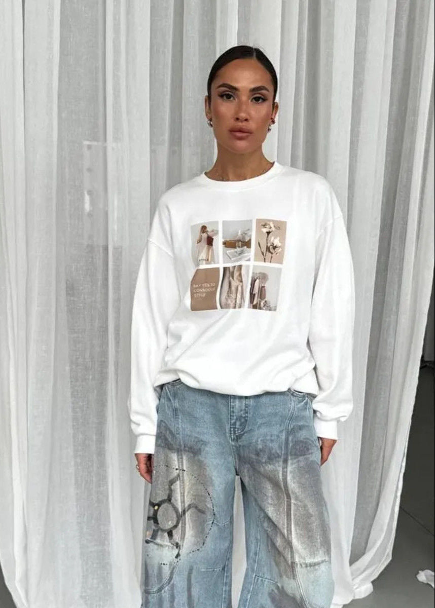 Sudadera de manga larga con estampado gráfico – Suéter holgado de ajuste relajado