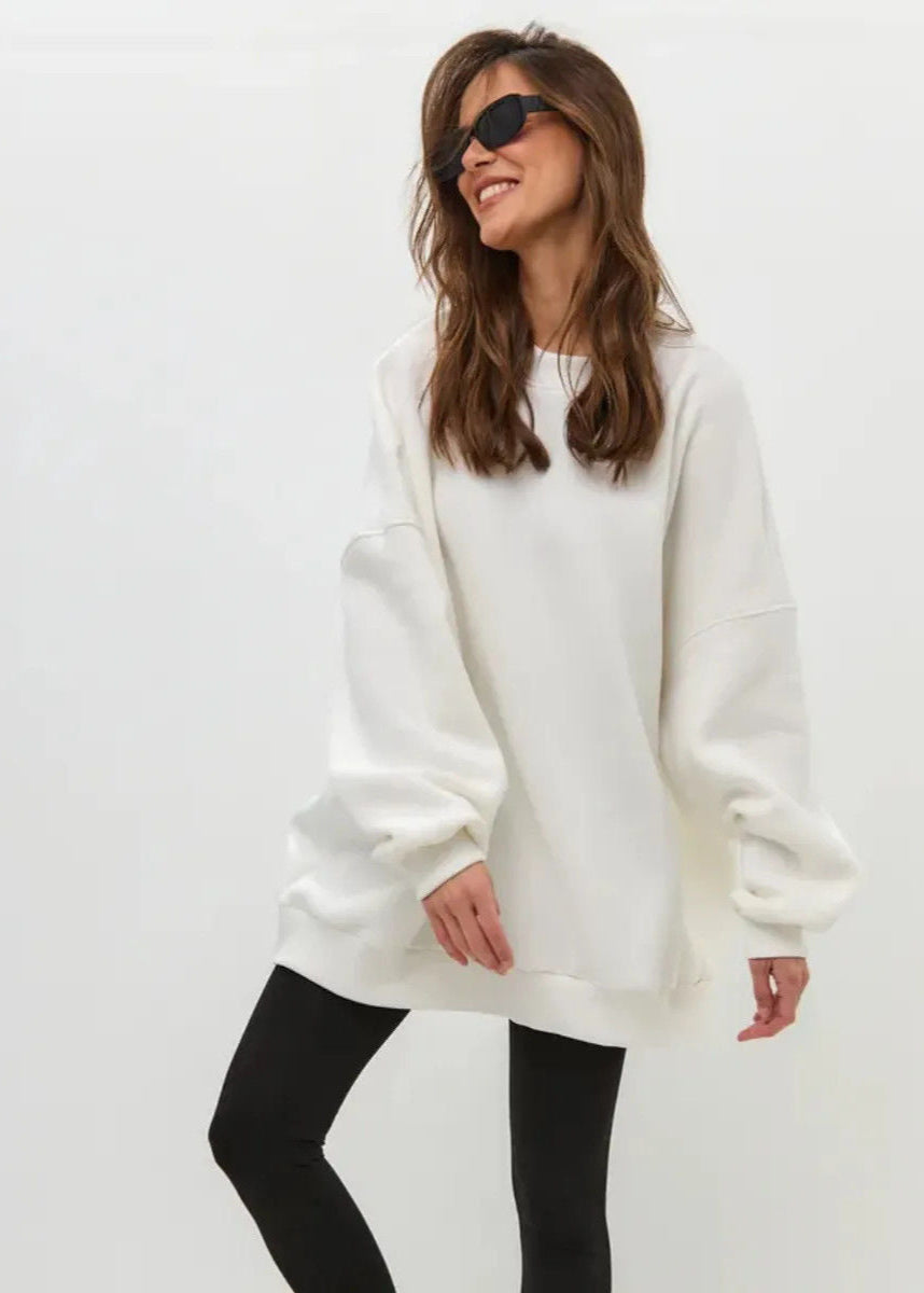 White Oversized Crewneck Sweatshirt – Women’s Longline Fleece Pullover