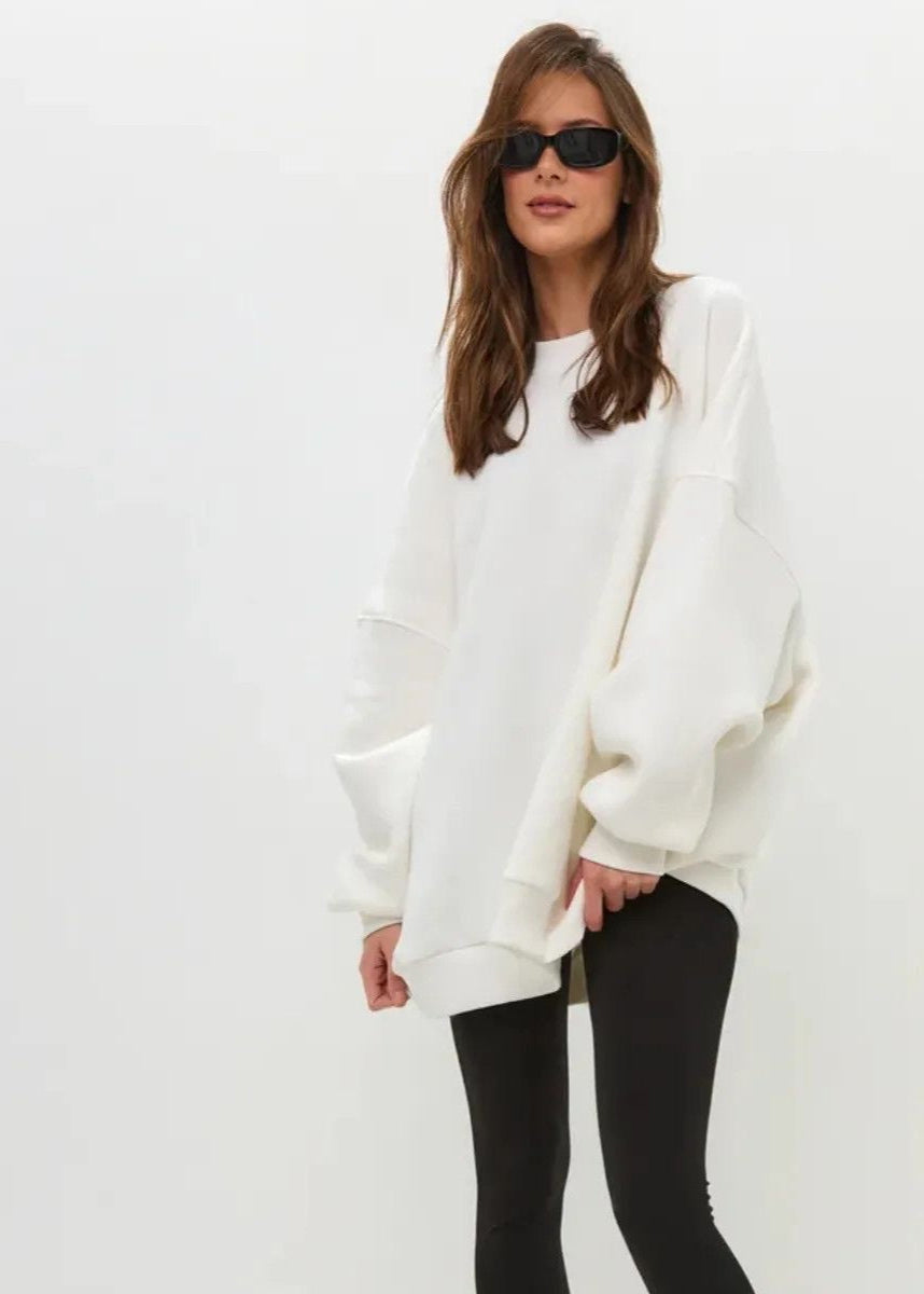 White Oversized Crewneck Sweatshirt – Women’s Longline Fleece Pullover