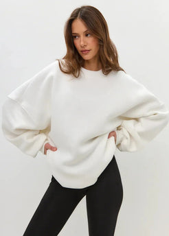 White Oversized Crewneck Sweatshirt – Women’s Longline Fleece Pullover
