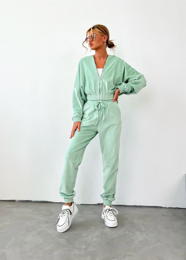 Mint Velour Zip Hoodie and Jogger Set – Relaxed Two-Piece Women’s Outfit