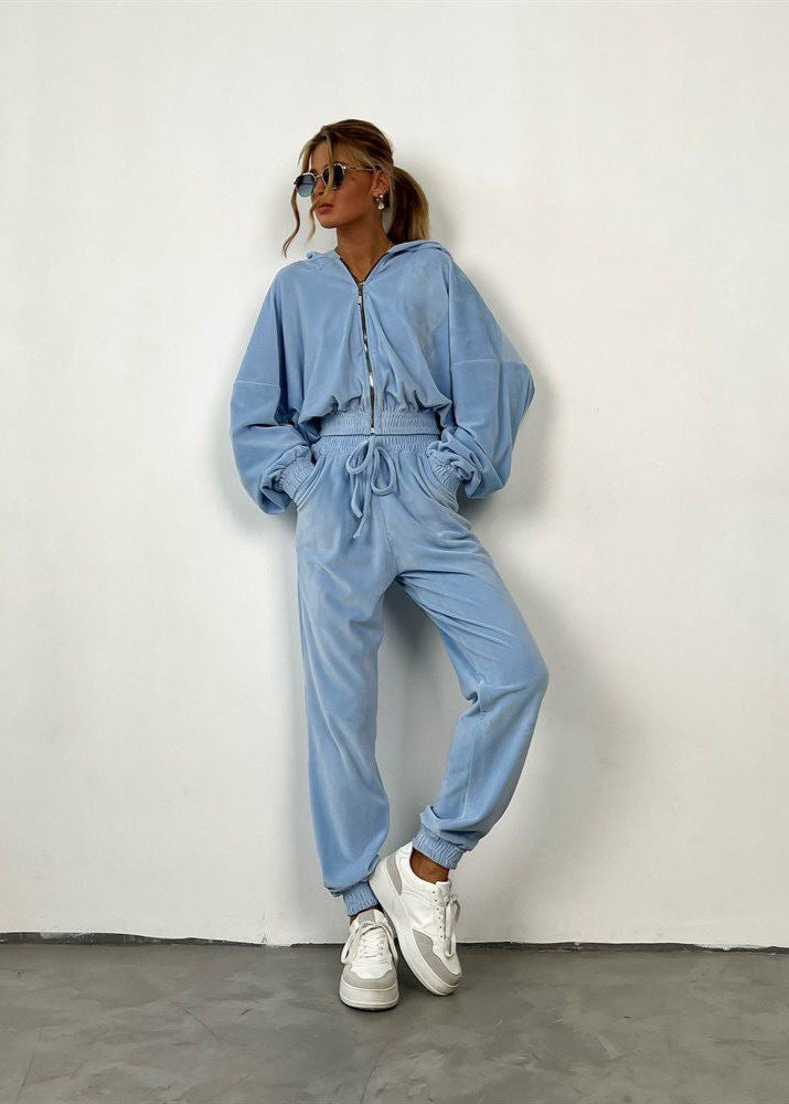 Mint Velour Zip Hoodie and Jogger Set – Relaxed Two-Piece Women’s Outfit