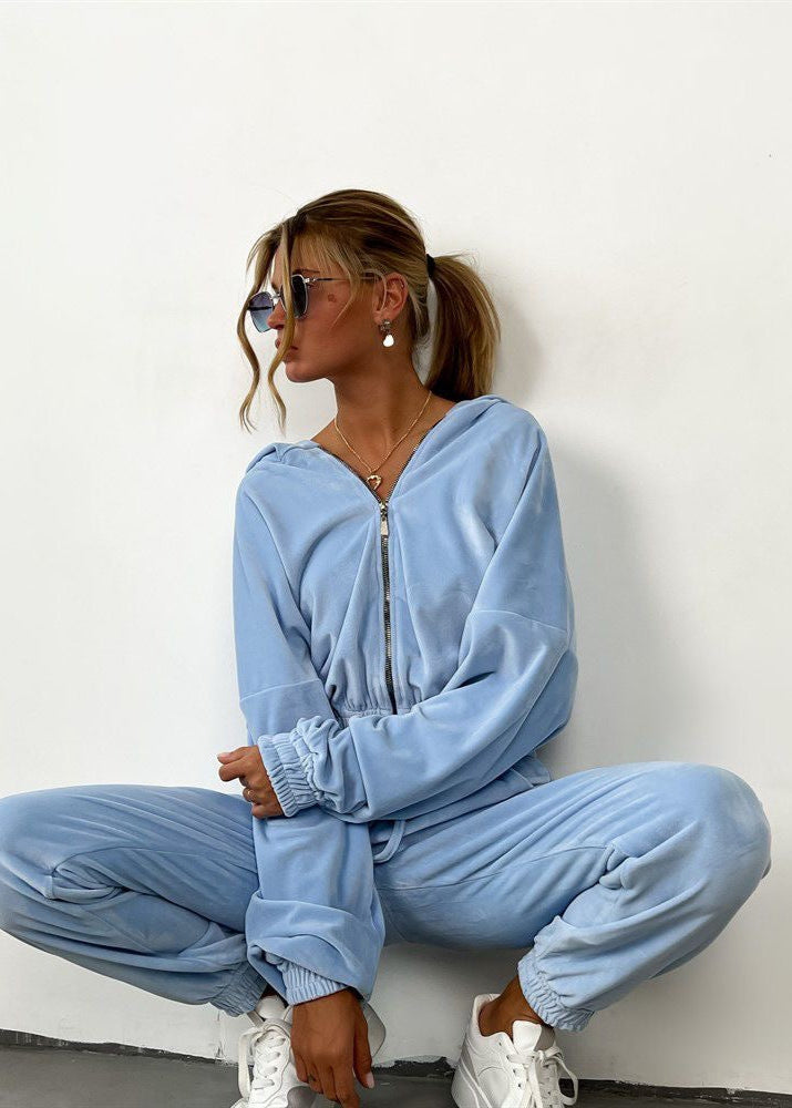 Mint Velour Zip Hoodie and Jogger Set – Relaxed Two-Piece Women’s Outfit