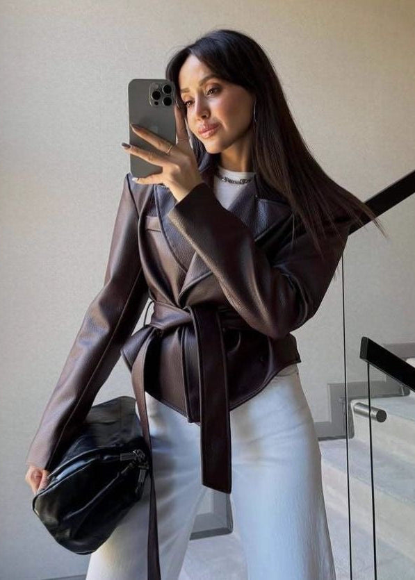 Auburn Grace - Faux Leather Belted Coat Jacket