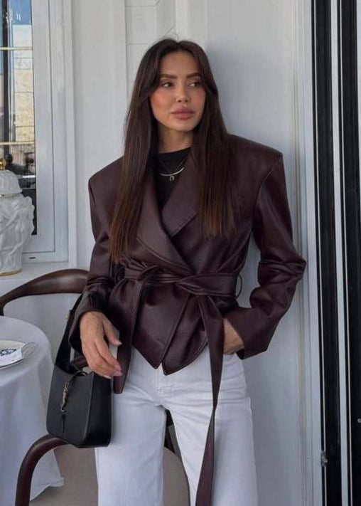Auburn Grace - Faux Leather Belted Coat Jacket