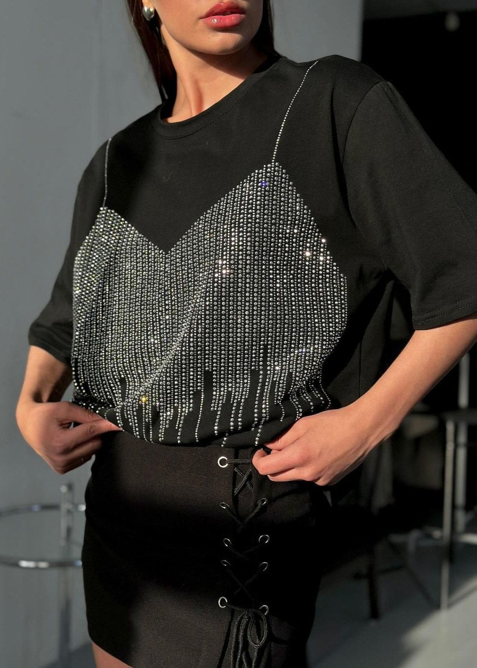 Stralende Versierde T-shirt - Dazzling Black