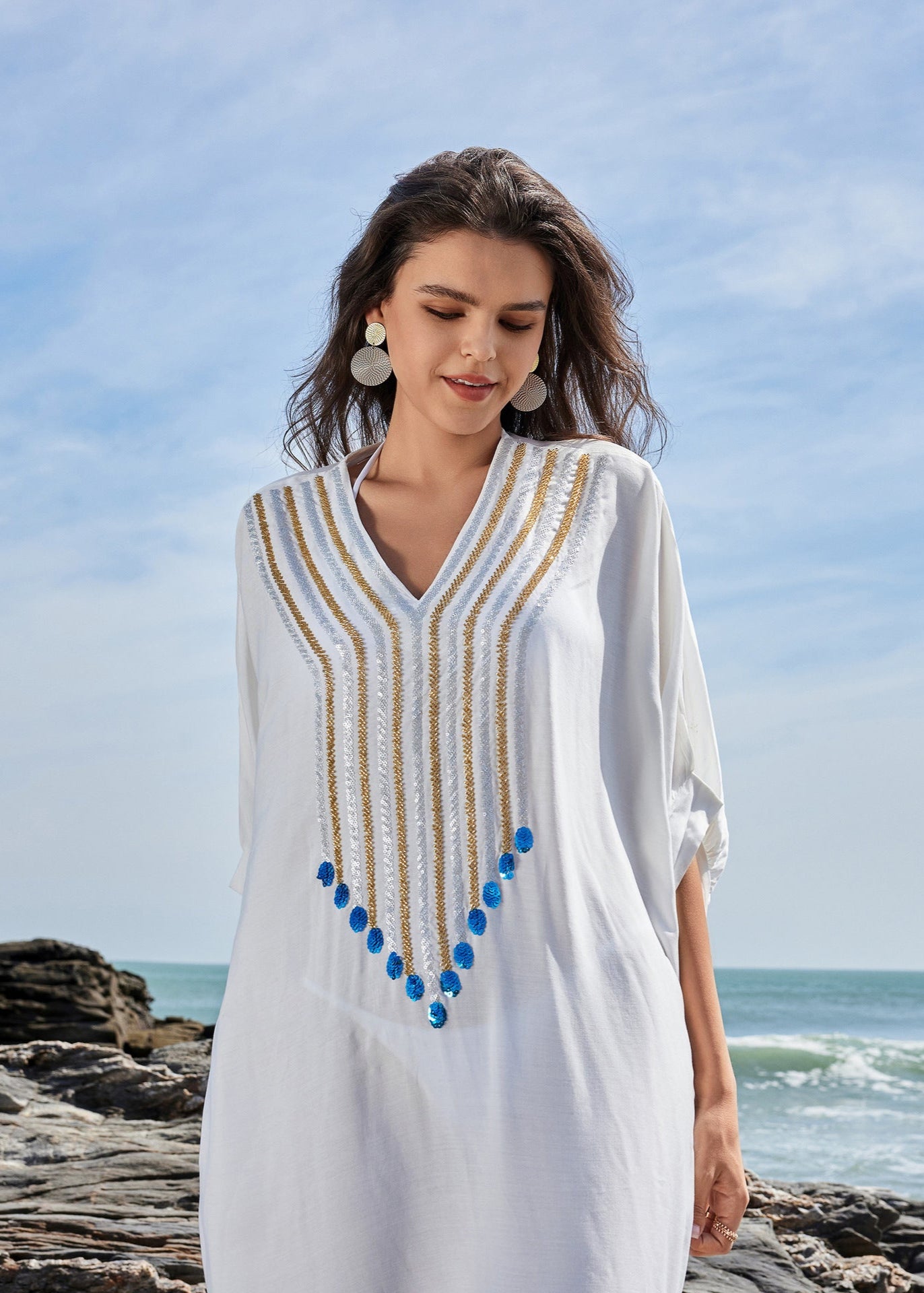 Santorini Charm - Geborduurde Kaftan Maxi Jurk