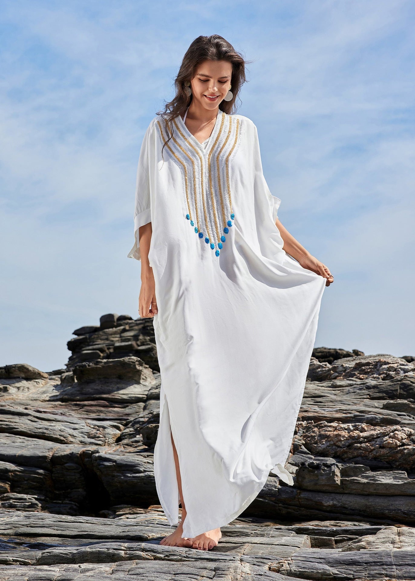 Santorini Charm - Geborduurde Kaftan Maxi Jurk