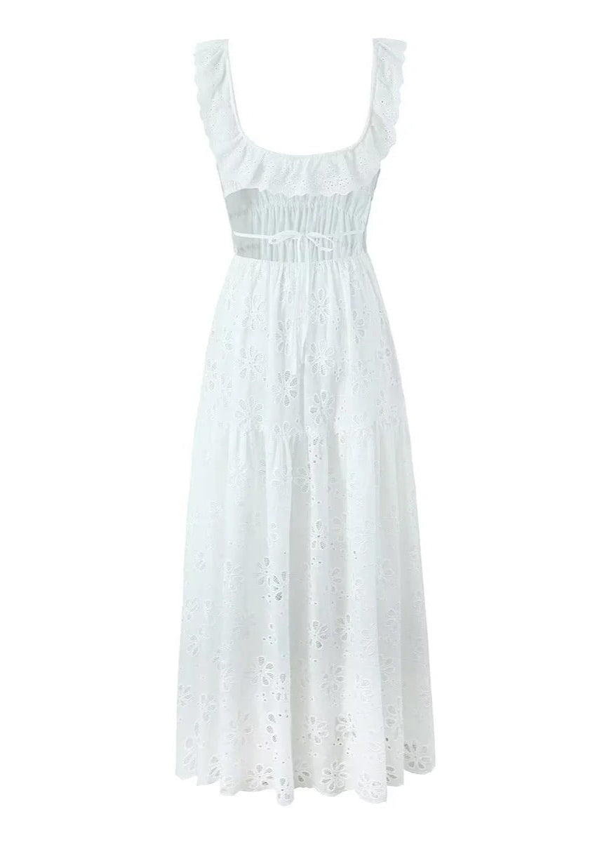 Robe Maxi Brodée Fiorella – Robe en Coton Œillet avec Dos Nu et Bretelles à Volants