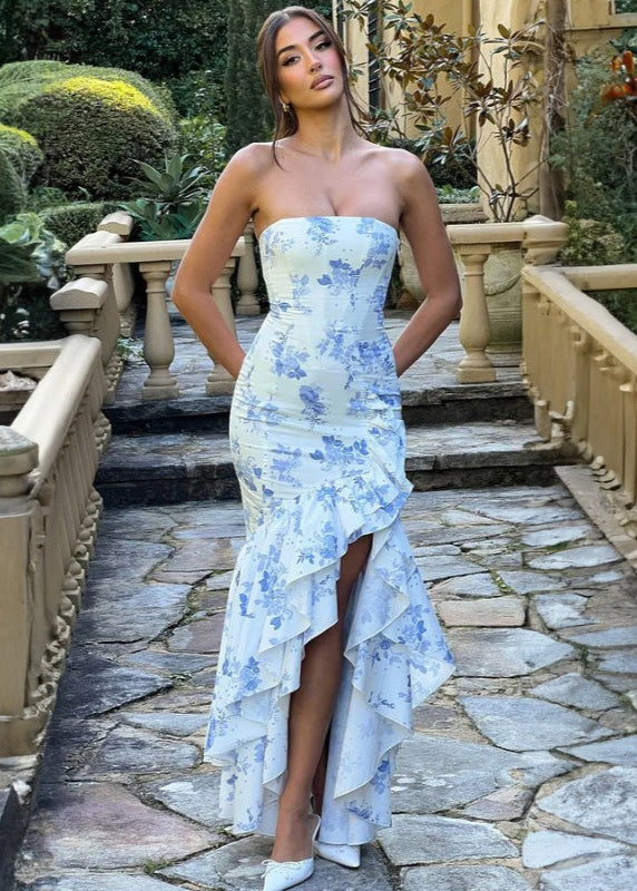 Eleganza Floreale - Abito Maxi Senza Spalline con Volant