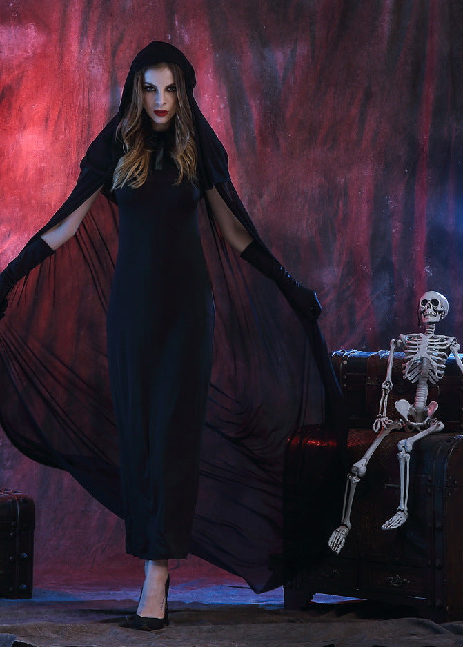 Costume da Strega Gotica - Abito Lungo Nero con Cappuccio e Mantello Trasparente
