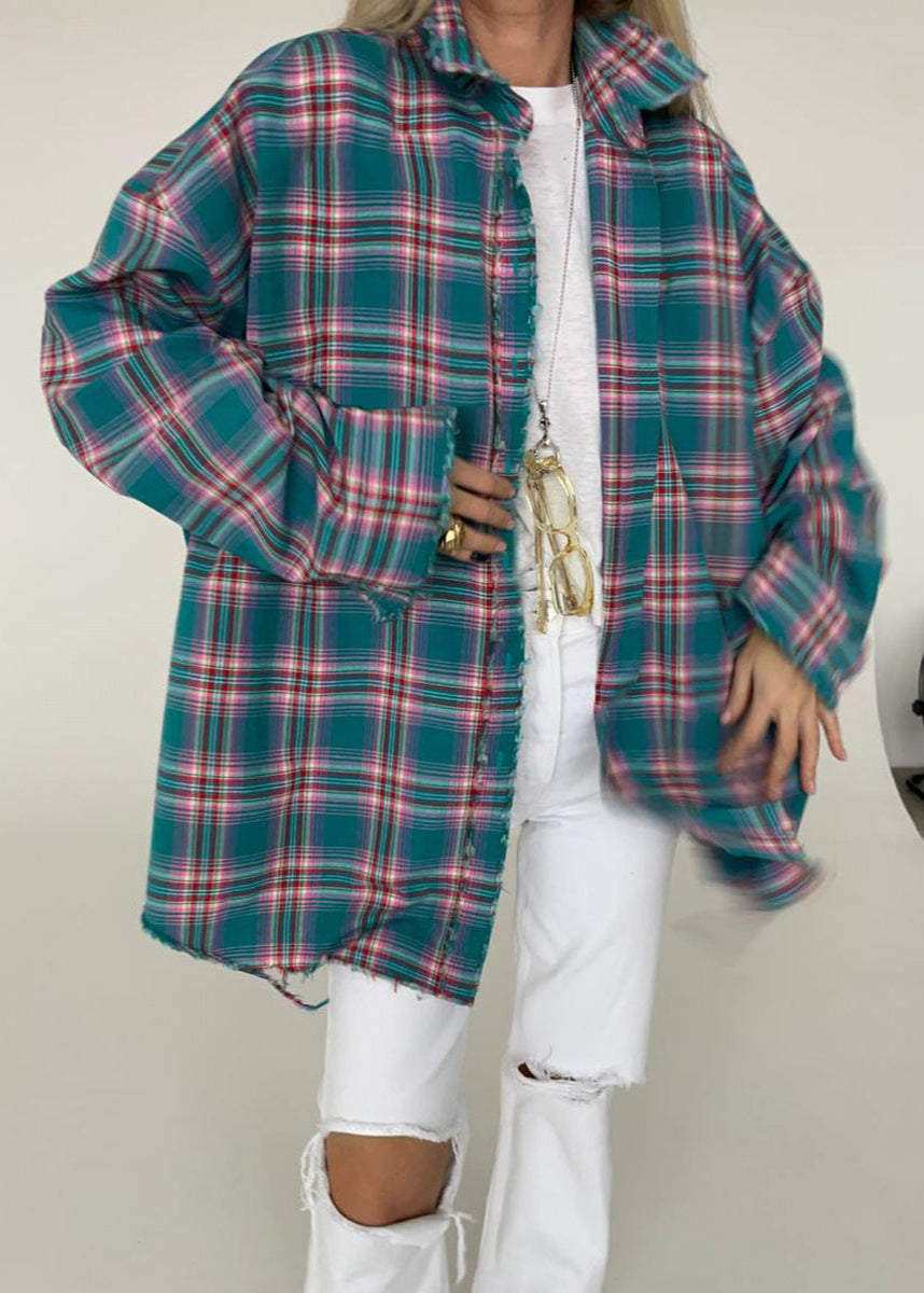 Chemise surdimensionnée en plaid à bords effilochés
