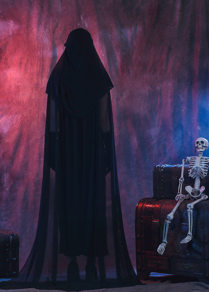 Costume da Strega Gotica - Abito Lungo Nero con Cappuccio e Mantello Trasparente