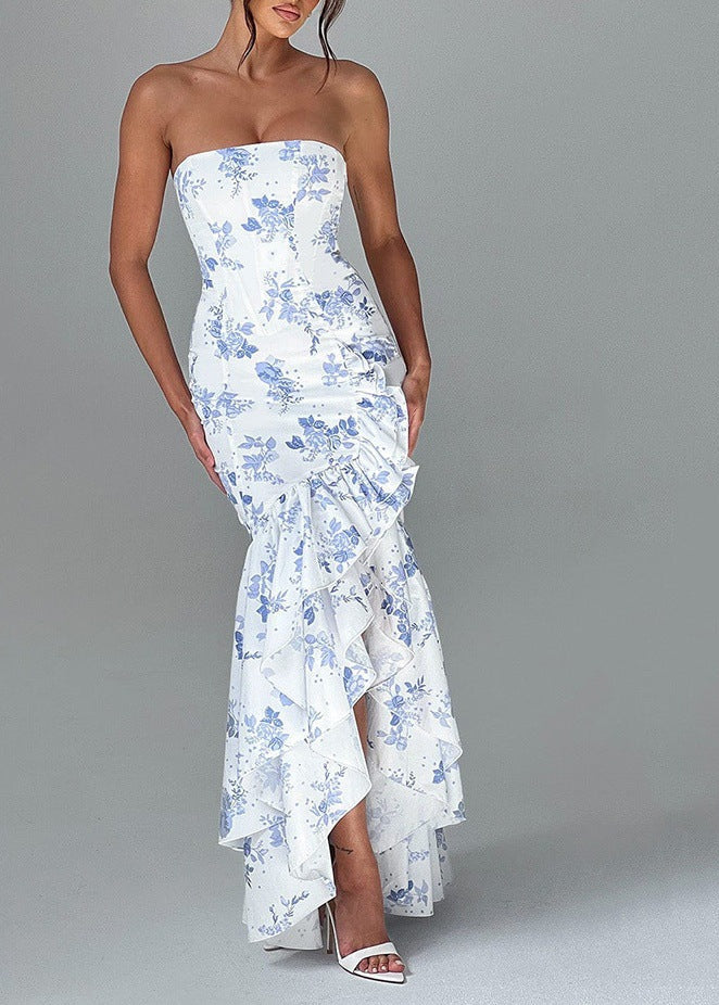 Élégance Florale - Robe Maxi Volantée Sans Bretelles