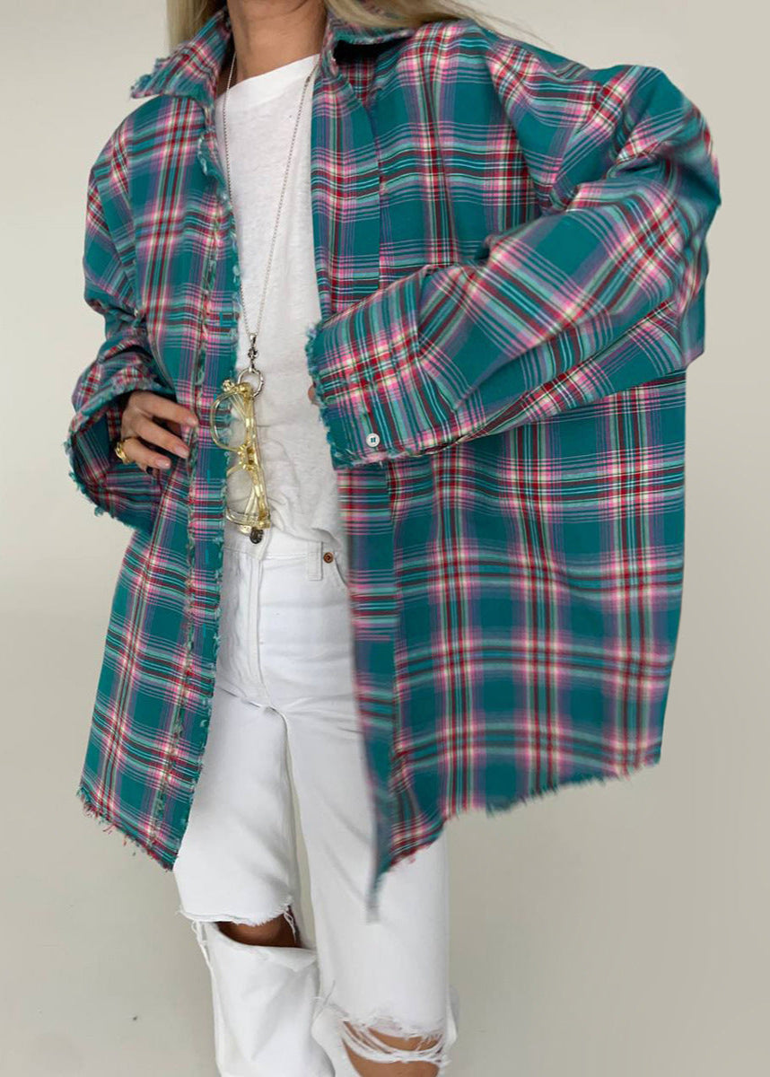 Chemise surdimensionnée en plaid à bords effilochés