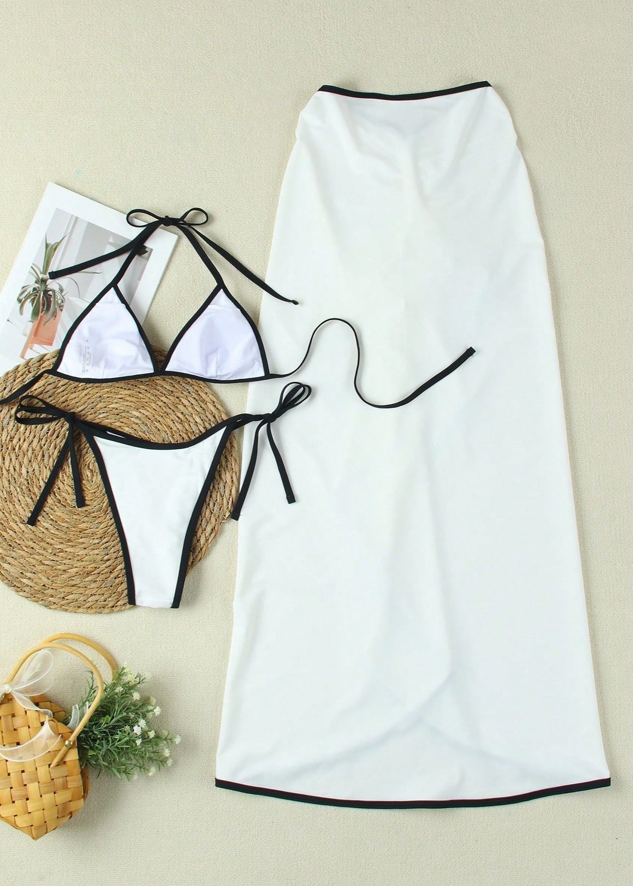 Tivara - Conjunto de bikini de tres piezas con ribete en contraste y falda maxi