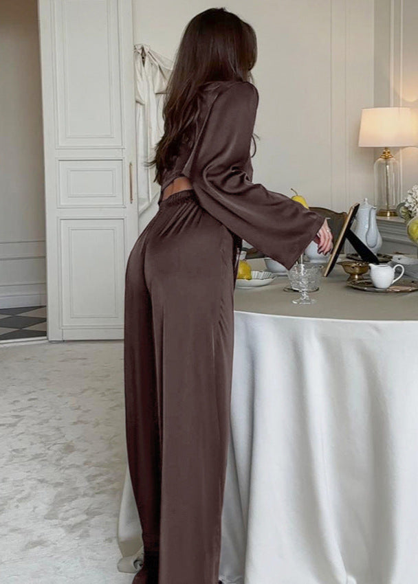 Satin strik vooraan wijde pijpen set