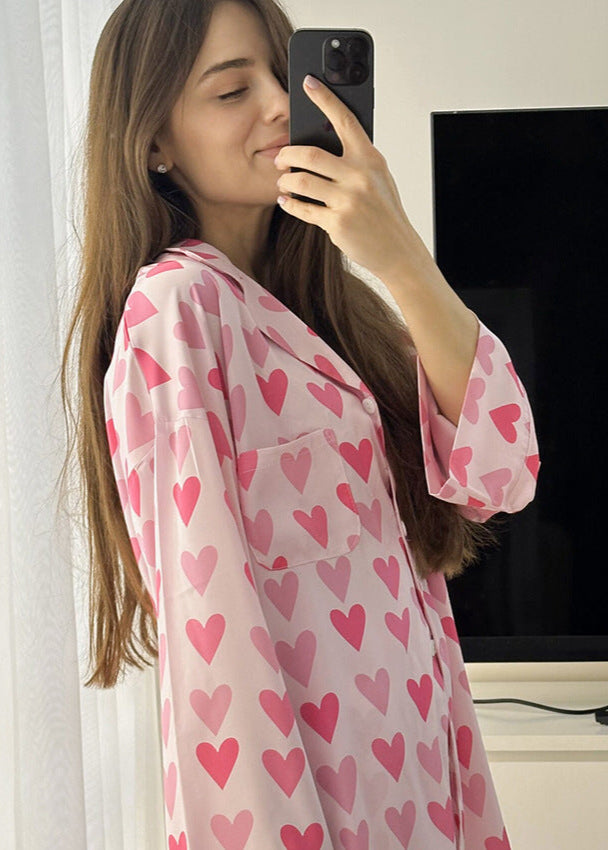 Heart Print Satin Pajama Set