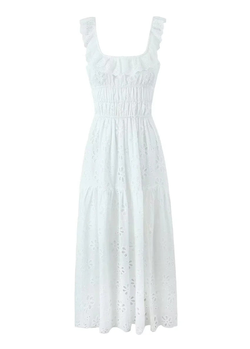 Robe Maxi Brodée Fiorella – Robe en Coton Œillet avec Dos Nu et Bretelles à Volants