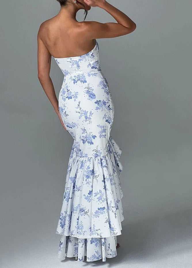 Élégance Florale - Robe Maxi Volantée Sans Bretelles