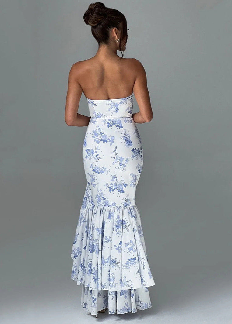 Élégance Florale - Robe Maxi Volantée Sans Bretelles