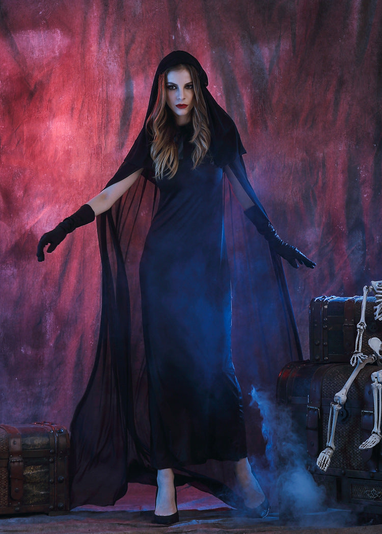 Costume da Strega Gotica - Abito Lungo Nero con Cappuccio e Mantello Trasparente